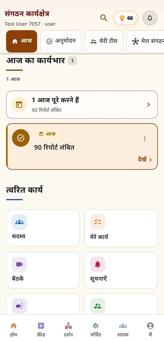 संगठन कार्यक्षेत्र — आज का कार्यभार, अनुमोदन, मेरी टीम और त्वरित कार्य